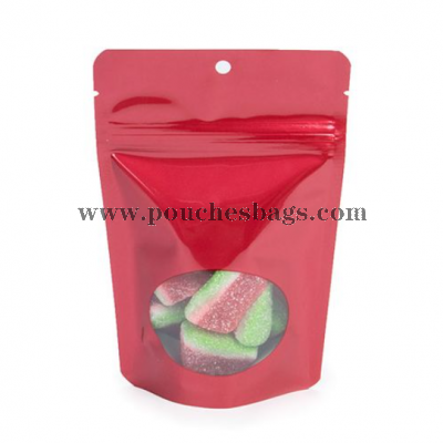 food safe red stand up pouch with gumballs